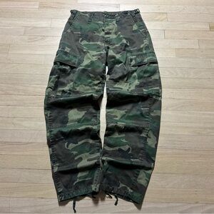 Vintage Woodland Camo Cargo Pants Paratrooper Style Reinforced Seat Drawstring